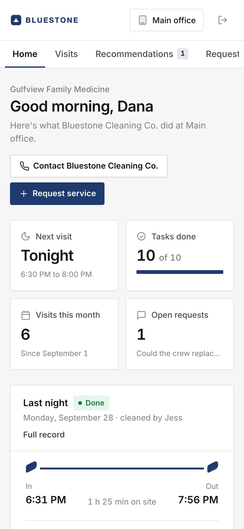 The Bluestone Cleaning Co. portal on a phone.