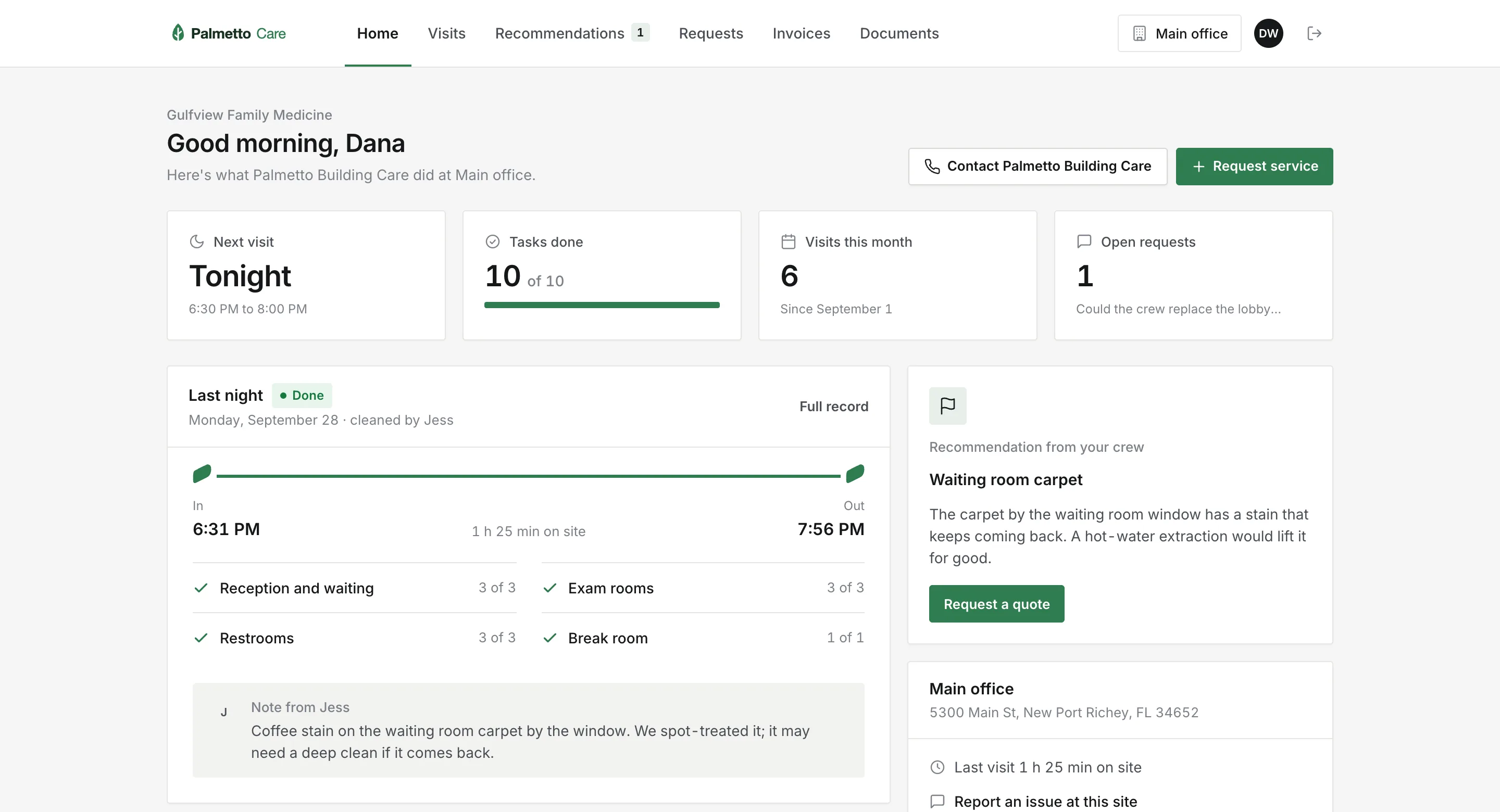 Gulfview Family Medicine's portal, branded for Palmetto Building Care: last night's check-in and check-out, the checklist by area, the crew's note and a recommendation.