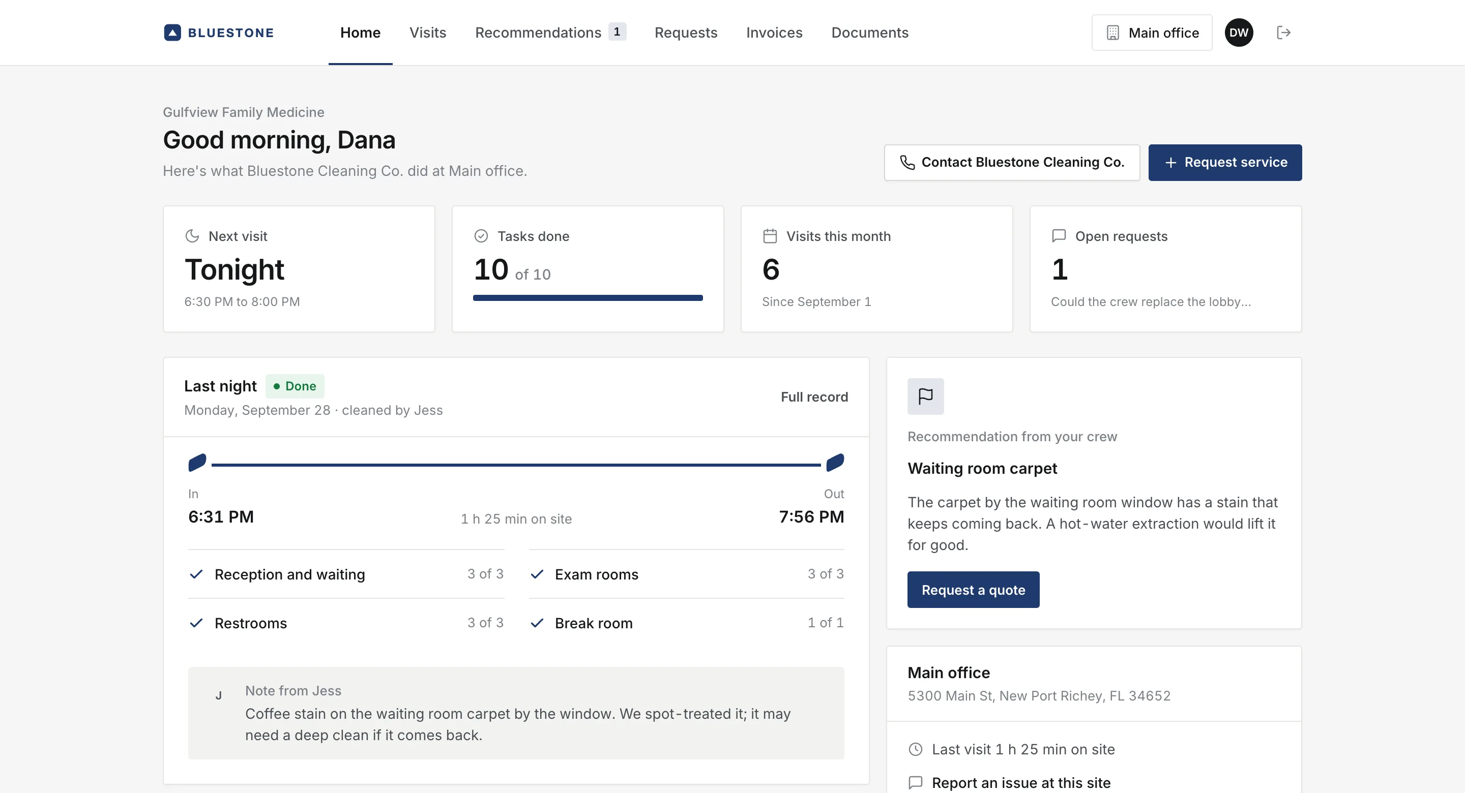 Gulfview Family Medicine's portal, branded for Bluestone Cleaning Co.: last night's check-in and check-out, the checklist by area, the crew's note and a recommendation.