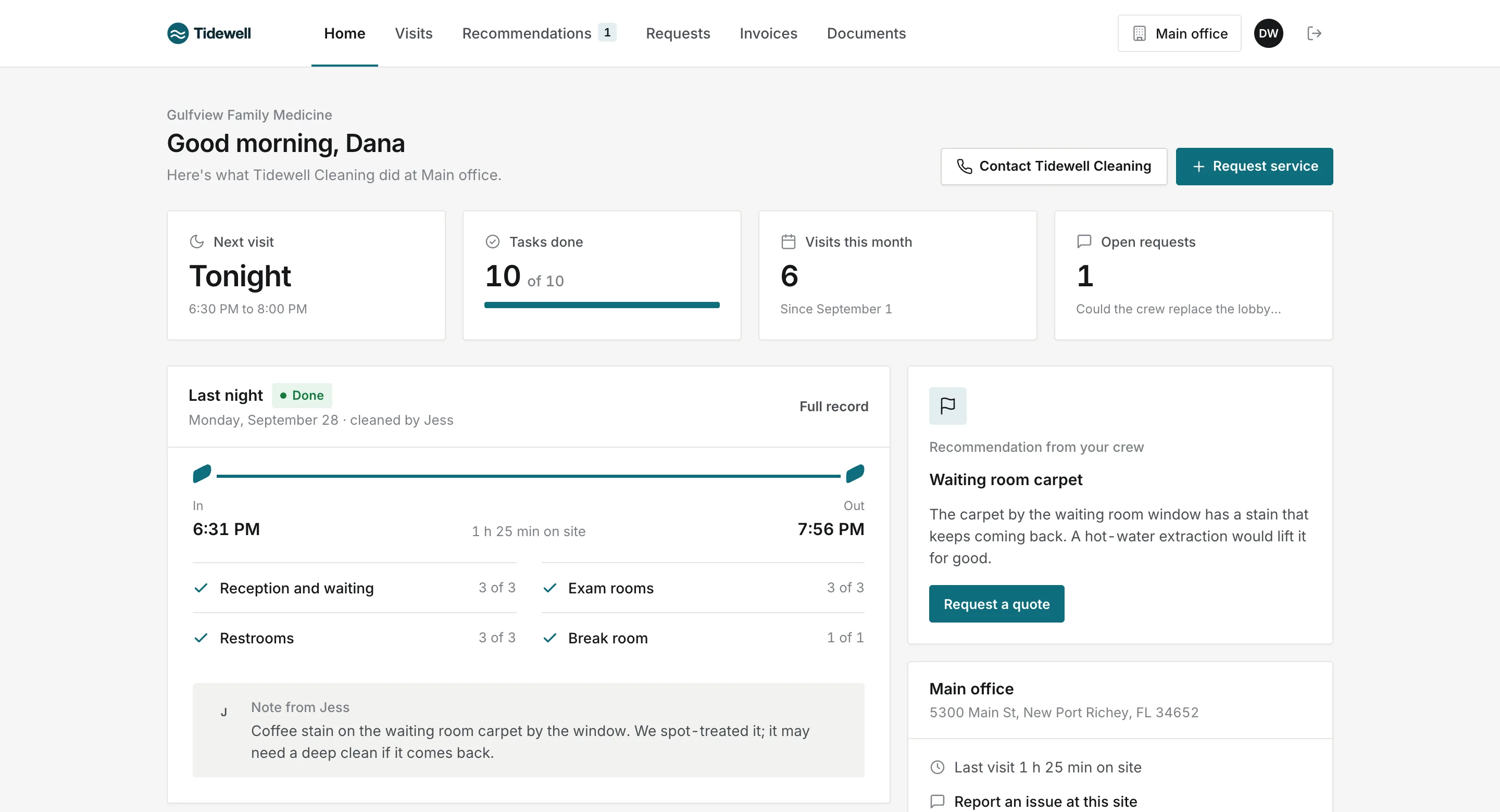 Gulfview Family Medicine's portal, branded for Tidewell Cleaning: last night's check-in and check-out, the checklist by area, the crew's note and a recommendation.