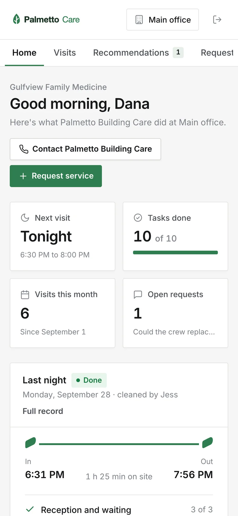 The Palmetto Building Care portal on a phone.