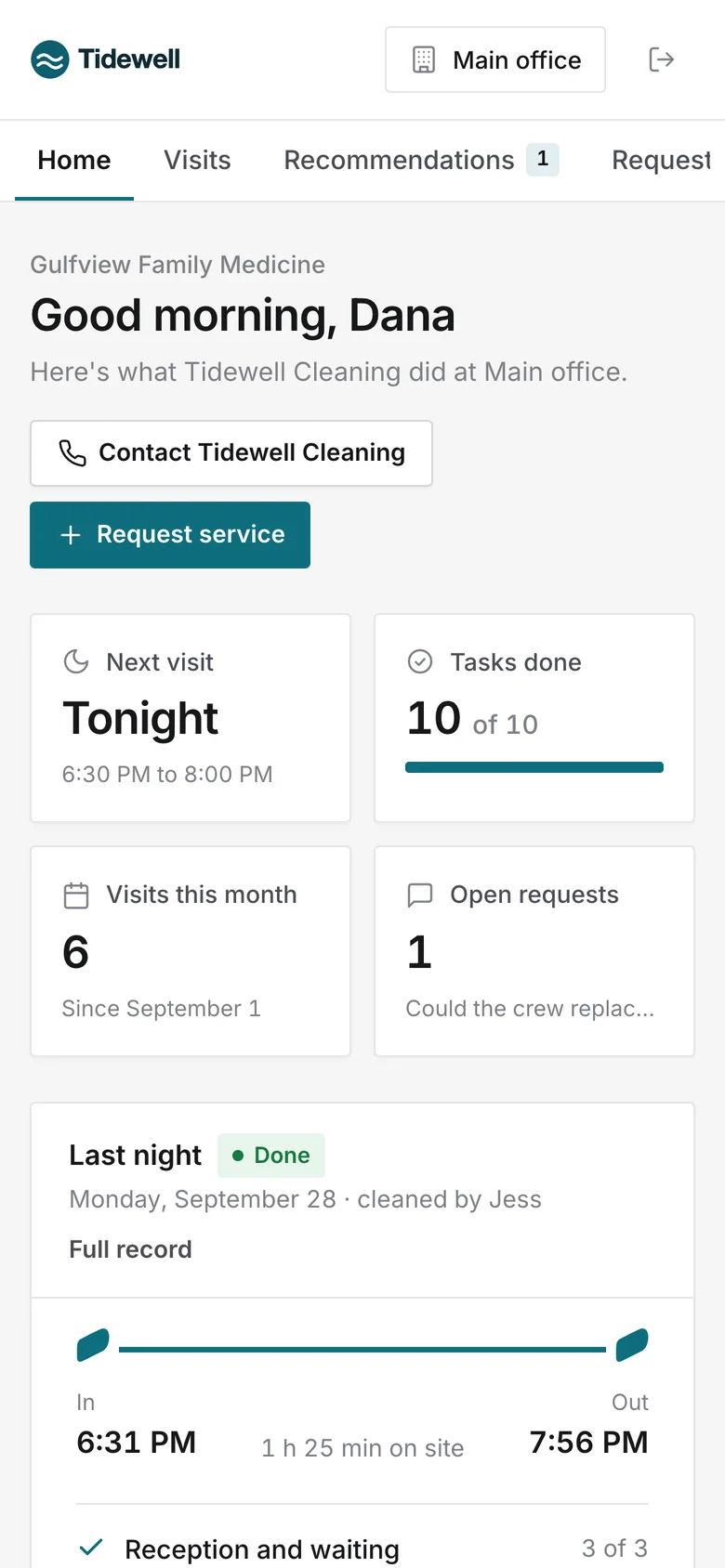 The Tidewell Cleaning portal on a phone.